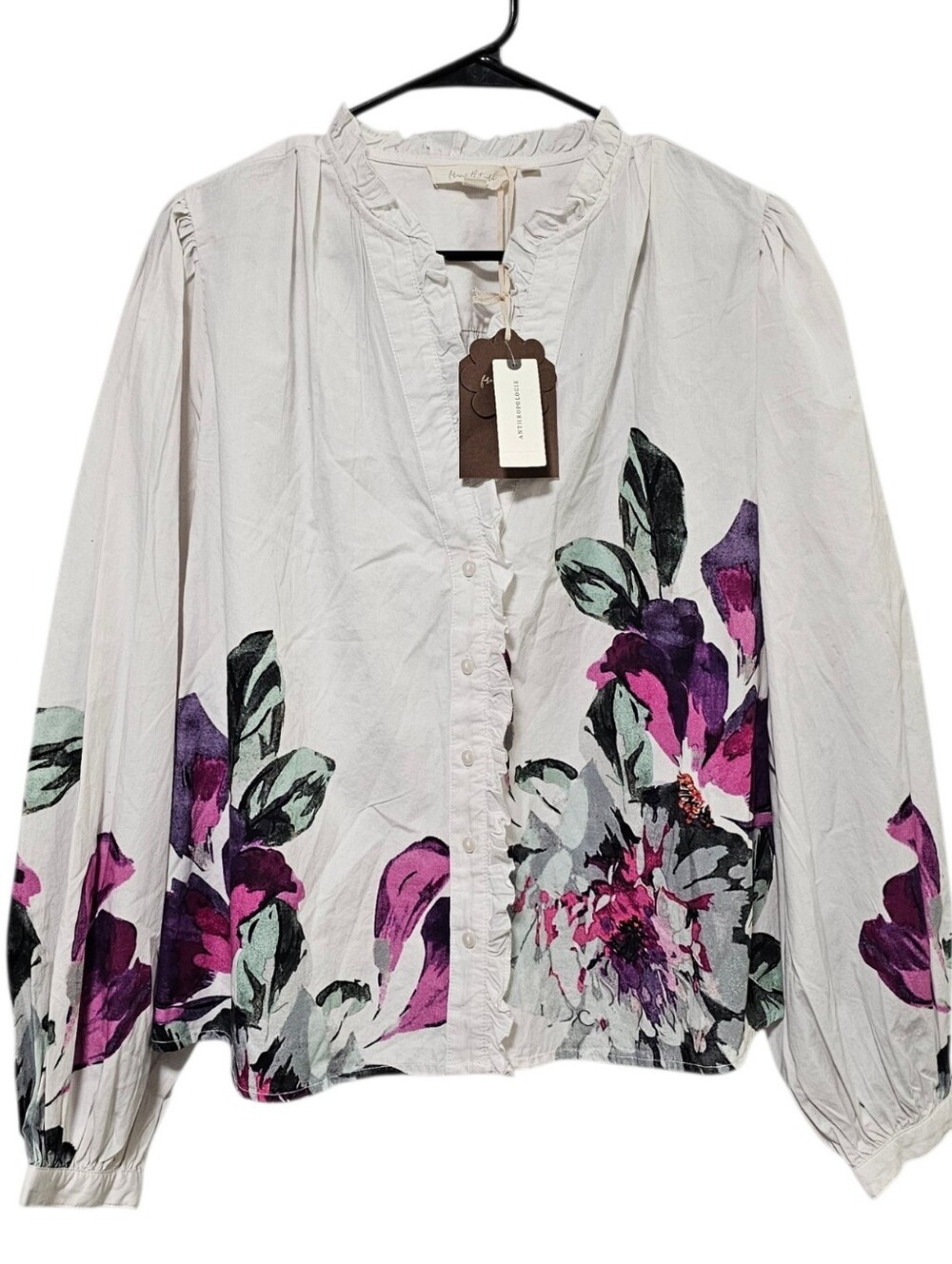 Anthropologie Forever That Girl Floral Ruffle Button Down Peasant Blouse Size L - Picture 4 of 13